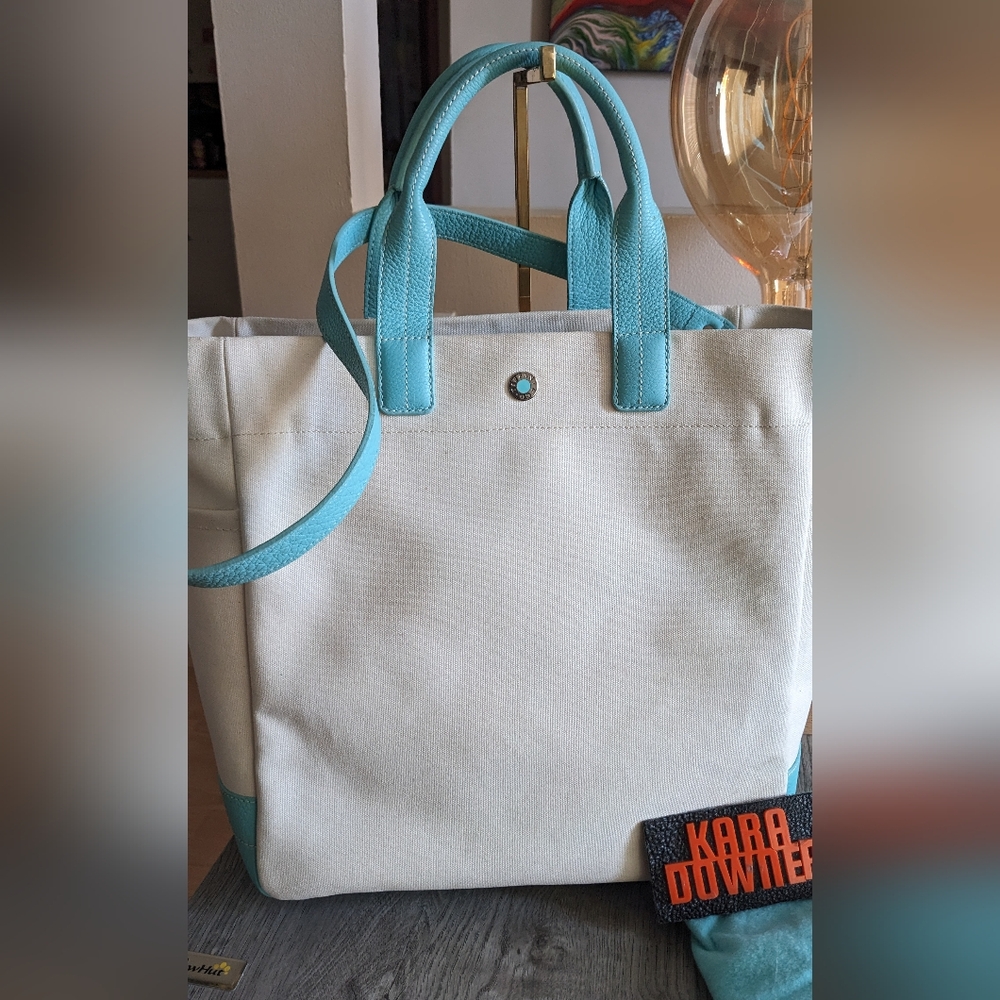 Tiffany blue and off white large leather and fabric tote with original dust bag